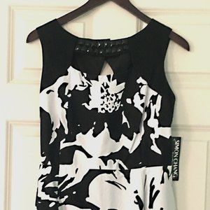 Simon Change, Graphic Black and White, Summer Cocktail Dress, neckline cutaway